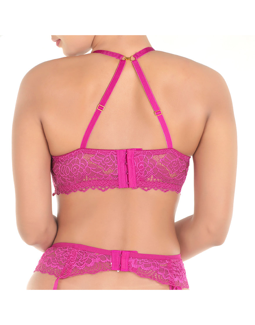 Spitzen- und Mesh-Push-up-BH mit Strapsgürtel und Tanga – Festival-Fuchsia