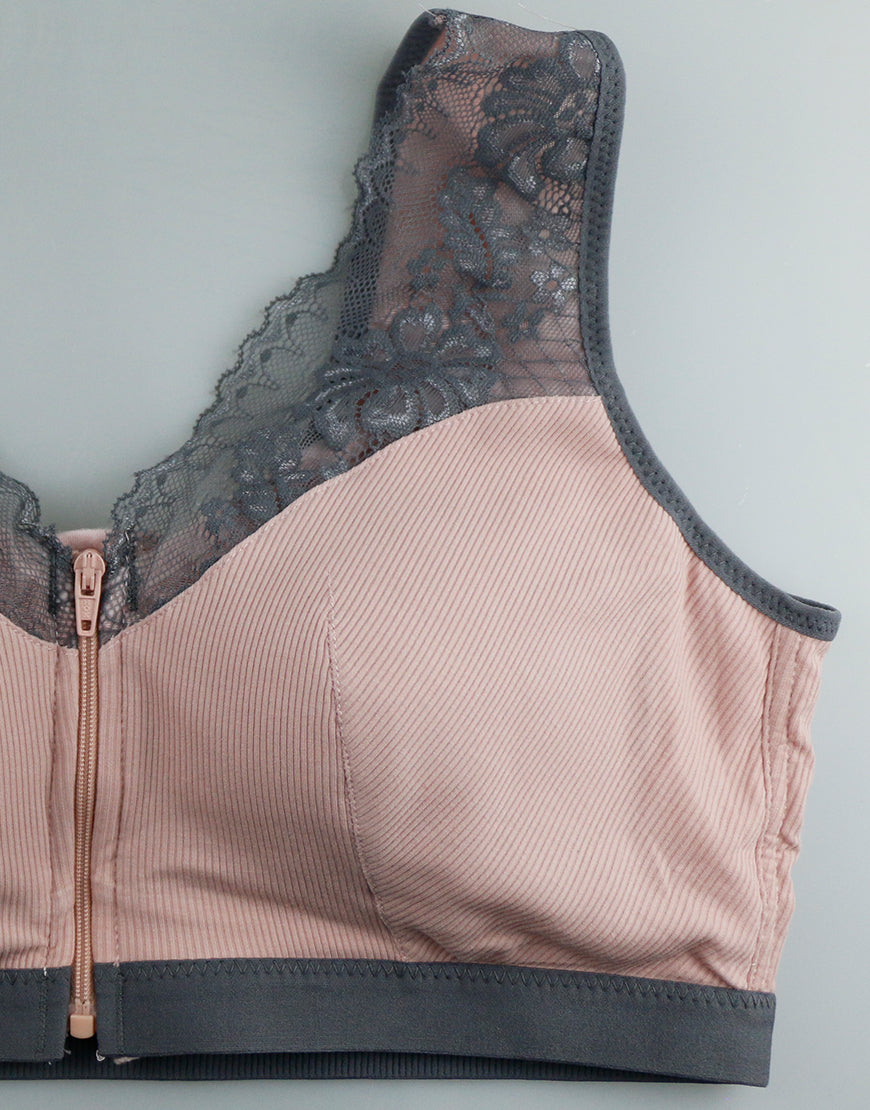 Gerippter Stoff, Frontreißverschluss Postoperativer BH mit Taschen – Pink