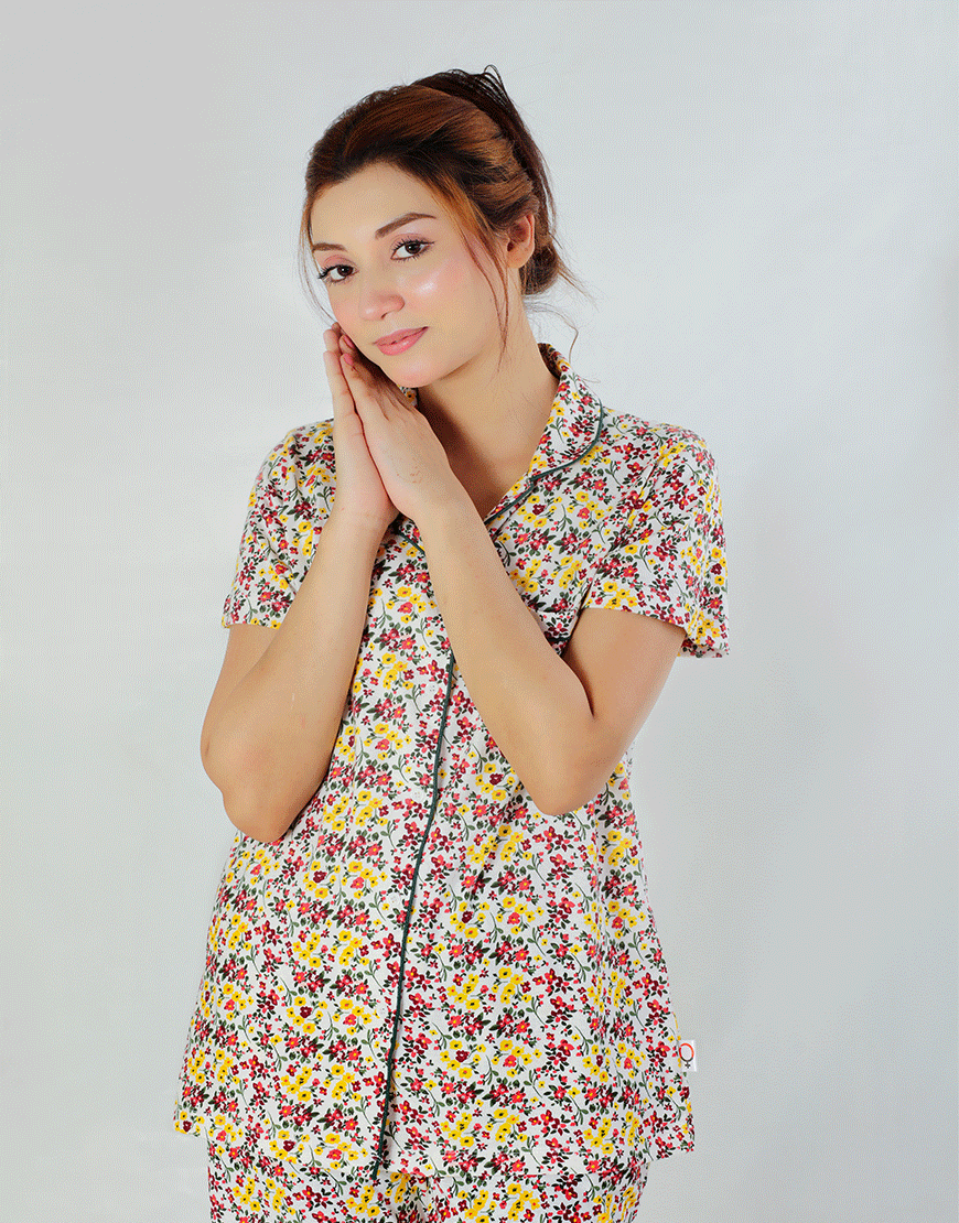 Siesta Baumwoll-Hemd- und Pyjama-Set mit Knopfleiste – Frühlingsweiß