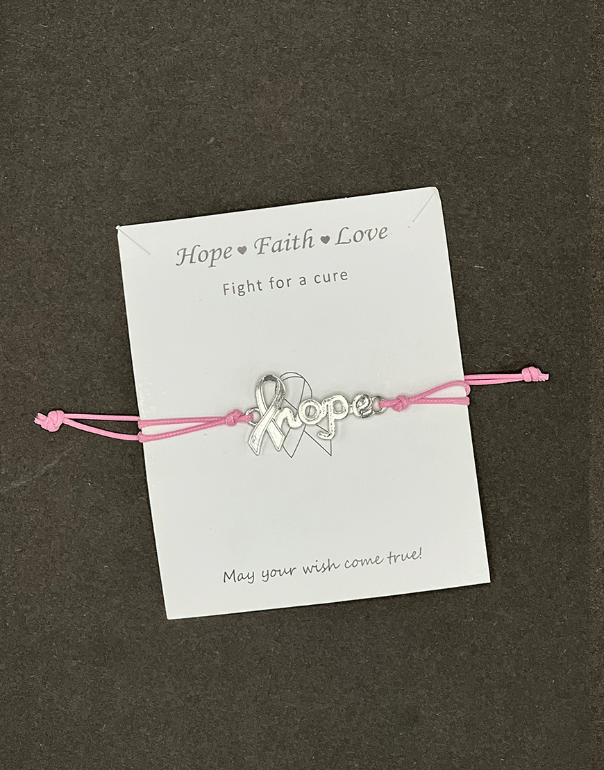 Silbernes Hope-Charm-Armband mit Schiebeknoten auf babyrosa Band