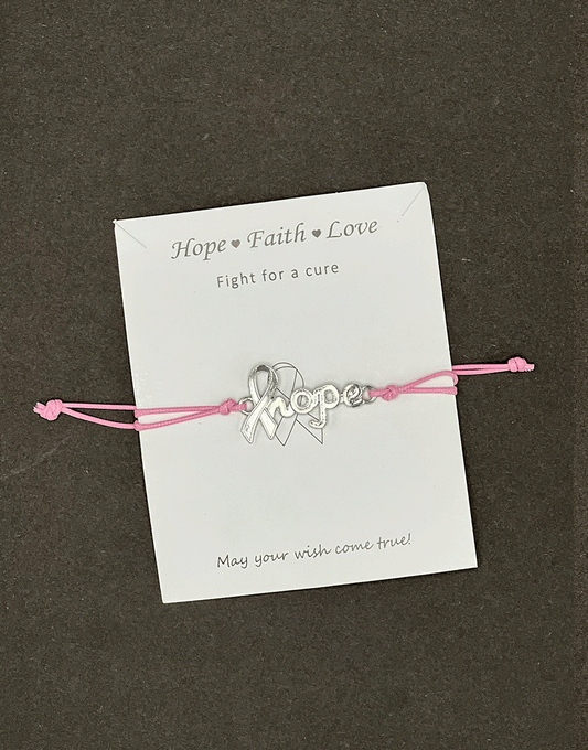 Silbernes Hope-Charm-Armband mit Schiebeknoten auf babyrosa Band