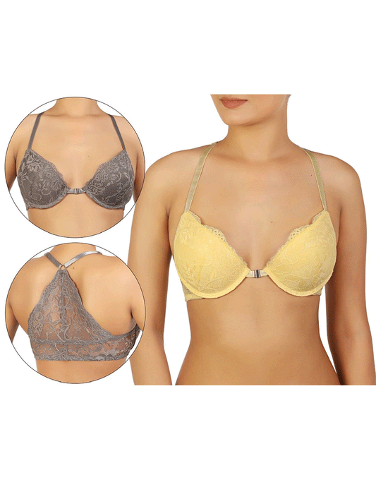 Packung mit 2 eleganten Rücken-Spitzen-BHs mit Frontöffnung – Blassgelb