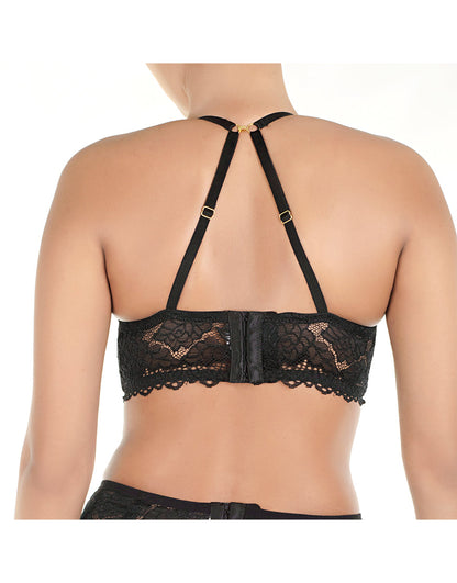 Spitzen- und Mesh-Push-up-BH mit Strapsgürtel und Tanga – Schwarz