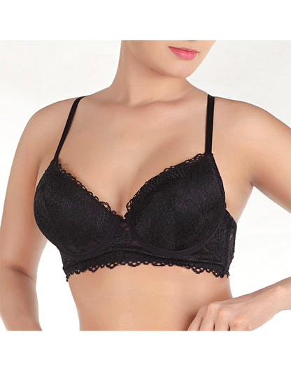Spitzen- und Mesh-Push-up-BH mit Strapsgürtel und Tanga – Schwarz