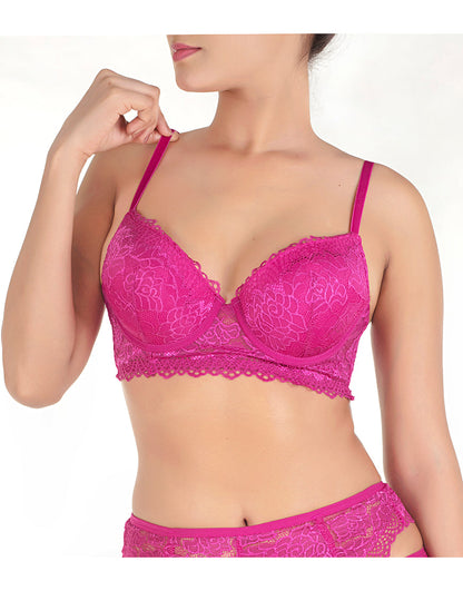 Spitzen- und Mesh-Push-up-BH mit Strapsgürtel und Tanga – Festival-Fuchsia