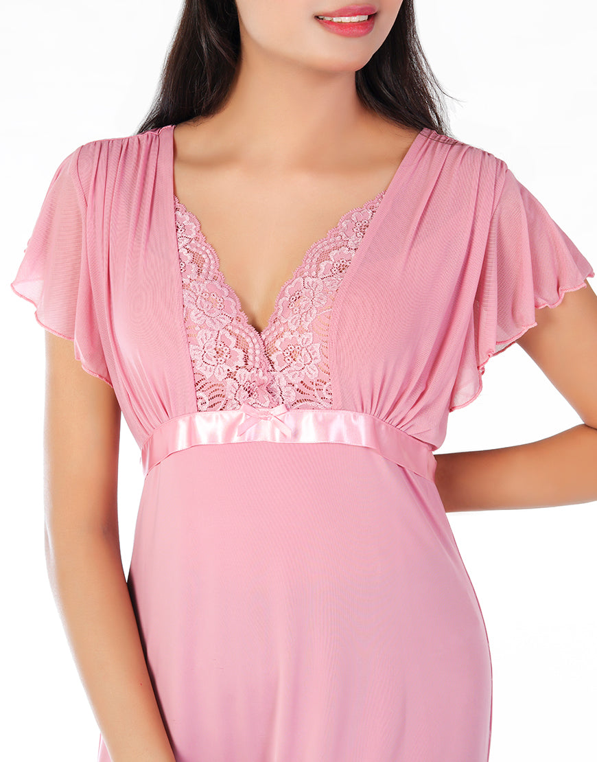 Zweiteiliges Nachthemd mit Spitzenkragen – Baby Pink