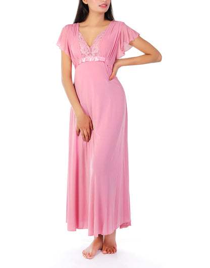 Zweiteiliges Nachthemd mit Spitzenkragen – Baby Pink