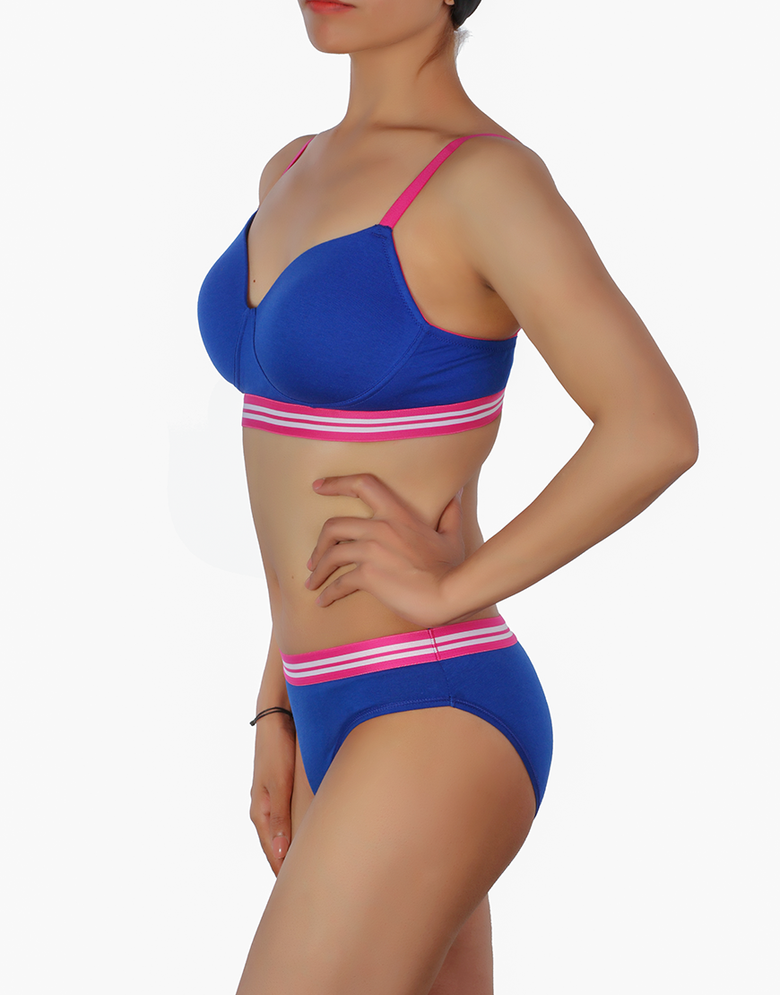 Leicht gepolsterter Nicht-Bügel T-Shirt BH mit passender Panty – Blau