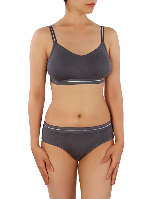 Doppellagiger Baumwoll-Wirefree BH mit passender Panty – Grau