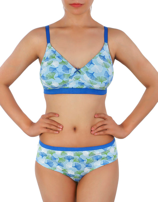 Doppellagiger Baumwoll-Wirefree BH mit passender Panty – Blau