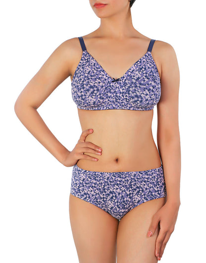 Doppellagiger Full-Coverage Baumwoll-Wirefree BH mit passender Panty – Lila Print