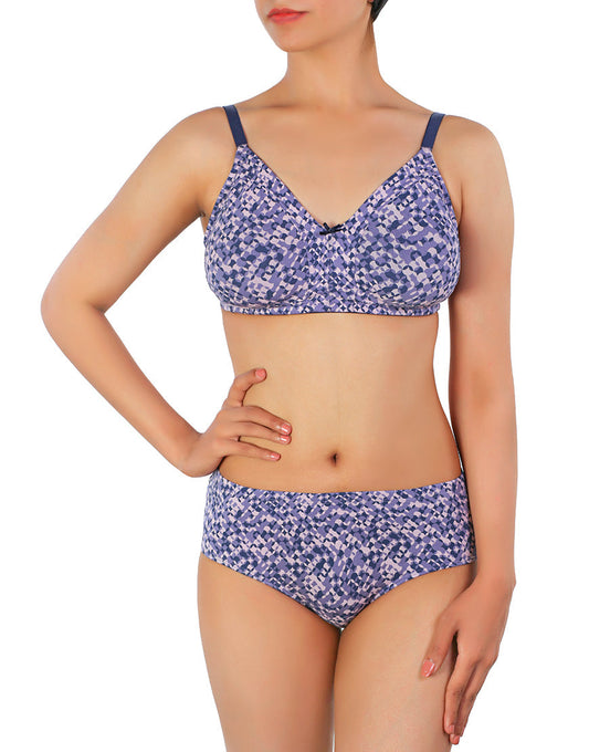 Doppellagiger Full-Coverage Baumwoll-Wirefree BH mit passender Panty – Lila Print
