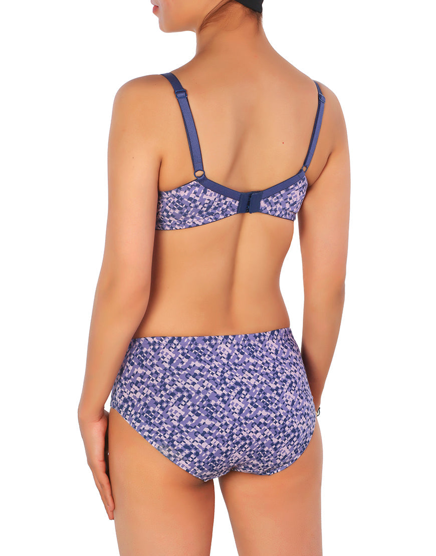 Doppellagiger Full-Coverage Baumwoll-Wirefree BH mit passender Panty – Lila Print