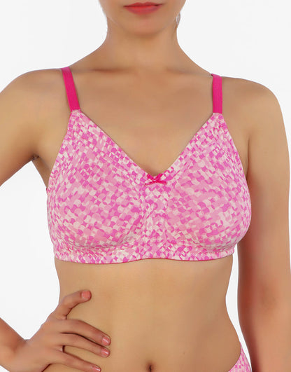 Doppellagiger Baumwoll-BH mit voller Abdeckung, ohne Bügel, mit Diamantgeometrie-Print – Pink