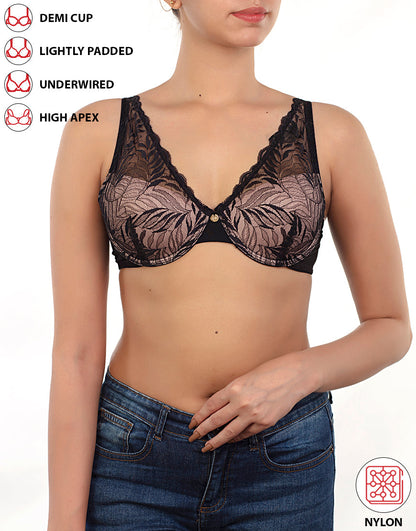 Demi-Cup High Apex, federleicht gepolsterter Spitzen-BH – Schwarz