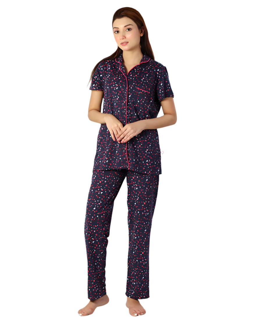 Siesta Baumwoll-Hemd- und Pyjama-Set mit Knopfleiste – Navy Herzen