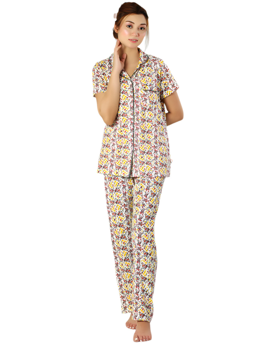 Siesta Baumwoll-Hemd- und Pyjama-Set mit Knopfleiste – Frühlingsweiß