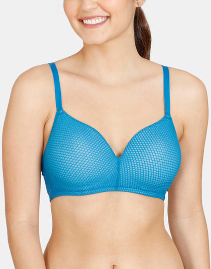 Prägierter Mesh, gepolsterter bügelloser T-Shirt-BH – Blau