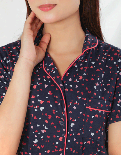 Siesta Baumwoll-Hemd- und Pyjama-Set mit Knopfleiste – Navy Herzen