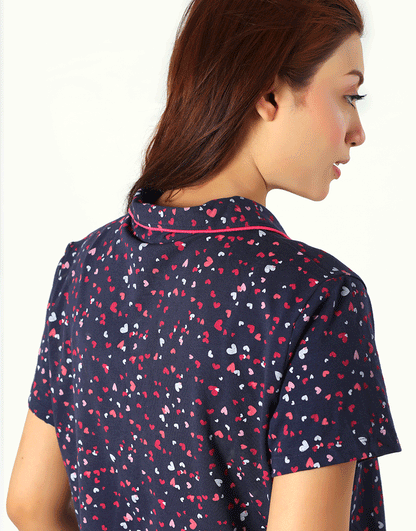 Siesta Baumwoll-Hemd- und Pyjama-Set mit Knopfleiste – Navy Herzen