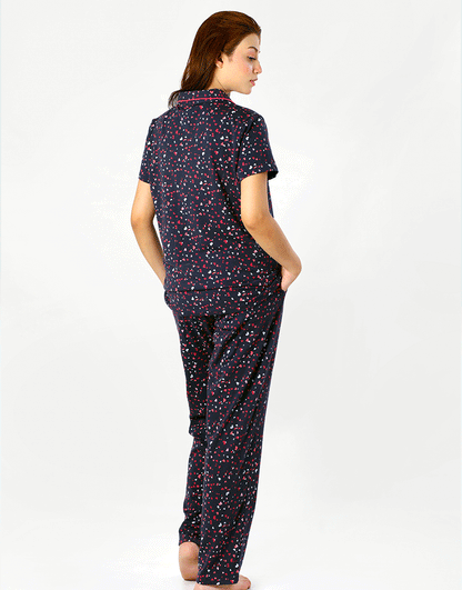 Siesta Baumwoll-Hemd- und Pyjama-Set mit Knopfleiste – Navy Herzen