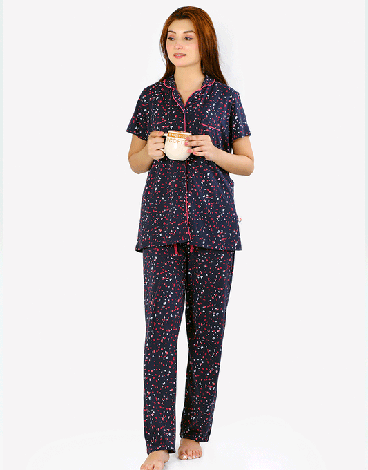 Siesta Baumwoll-Hemd- und Pyjama-Set mit Knopfleiste – Navy Herzen