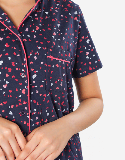 Siesta Baumwoll-Hemd- und Pyjama-Set mit Knopfleiste – Navy Herzen