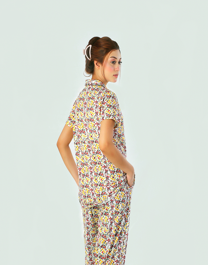 Siesta Baumwoll-Hemd- und Pyjama-Set mit Knopfleiste – Frühlingsweiß