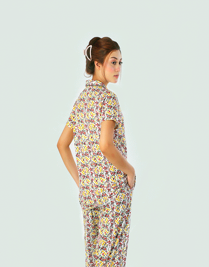 Siesta Baumwoll-Hemd- und Pyjama-Set mit Knopfleiste – Frühlingsweiß