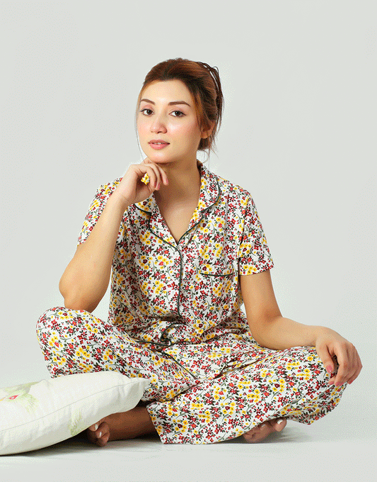 Siesta Baumwoll-Hemd- und Pyjama-Set mit Knopfleiste – Frühlingsweiß